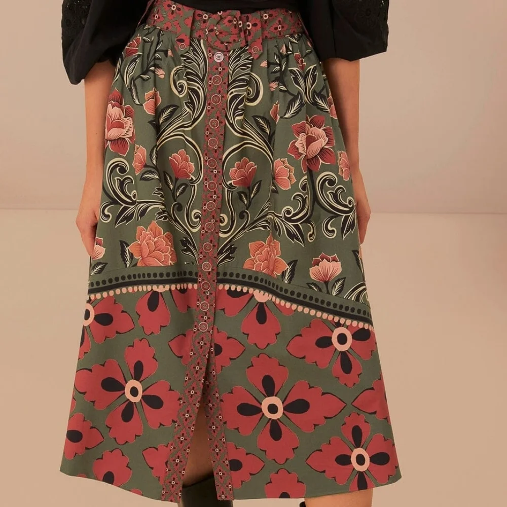 New FARM RIO Arabesque Floral Midi Skirt Size S